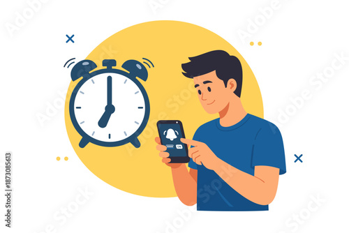 Young caucasian male setting alarm on smartphone with clock background