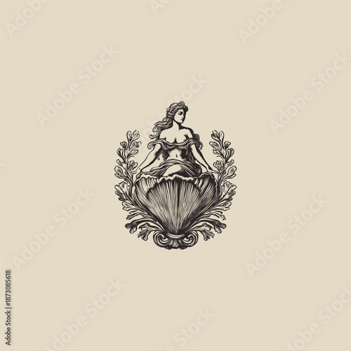 Ancient Greek goddess Venus or Aphrodite born from a sea shell vintage hand drawn illustration