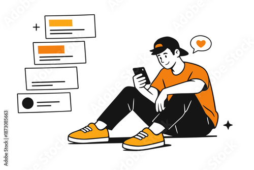 Young asian male teen chatting on smartphone with social media notifications