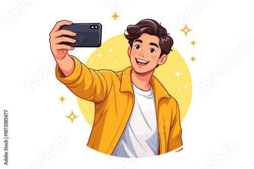 Young hispanic male taking selfie with smartphone and smiling