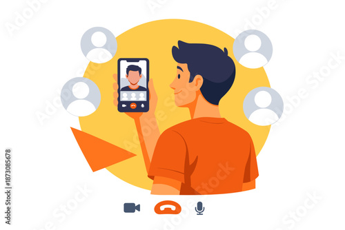 Young caucasian male video call concept with smartphone and social media elements