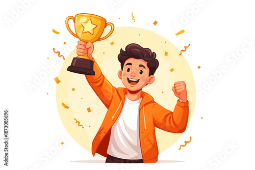 Cheerful young caucasian male celebrating victory with trophy and confetti