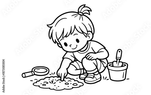 Cute cartoon child exploring dirt with magnifying glass and gardening tools