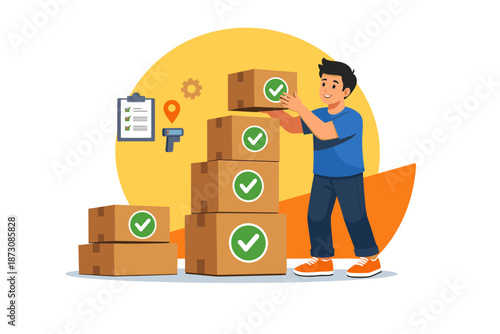 Young asian male stacking boxes with check marks