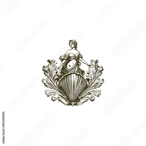 Ancient Greek goddess Venus or Aphrodite born from a sea shell vintage hand drawn illustration