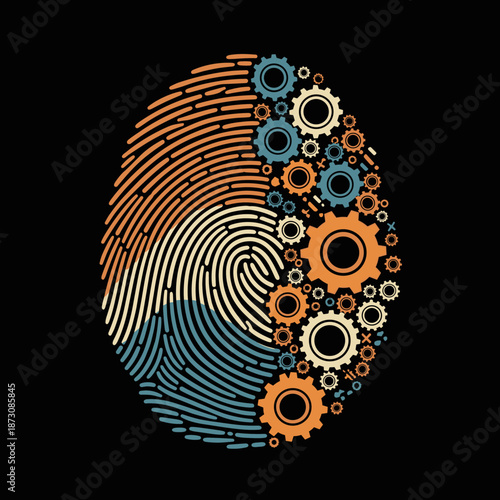 Fingerprint Gears Combination Symbolizing Identity and Industry.