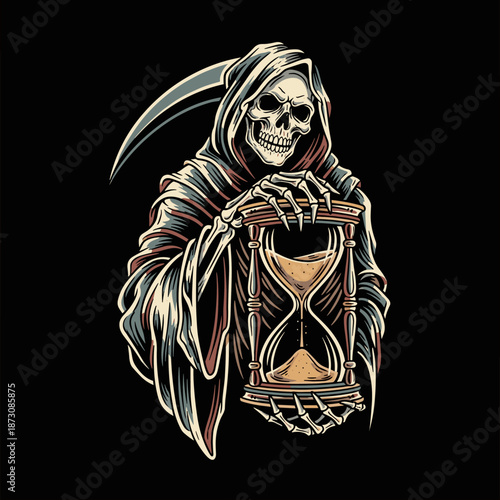 Grim Reaper Holding Hourglass Symbolizing Time Passing.