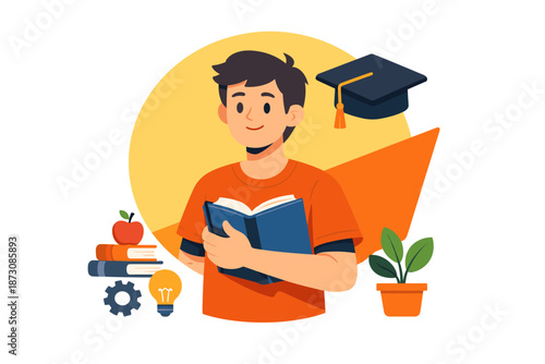 Young caucasian male student reading book with graduation cap and study elements