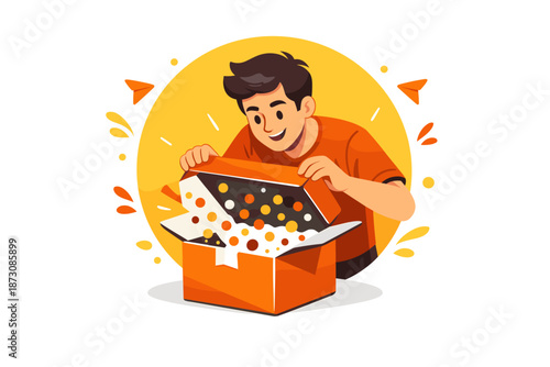 Excited young male opening surprise gift box with enthusiasm