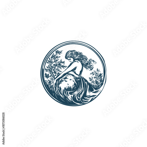 Mother Nature goddess or Earth personification holding the world globe vintage hand drawn illustration