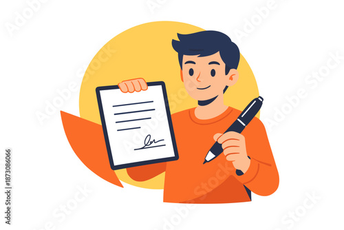 Young caucasian male holding signed document and pen with cheerful expression