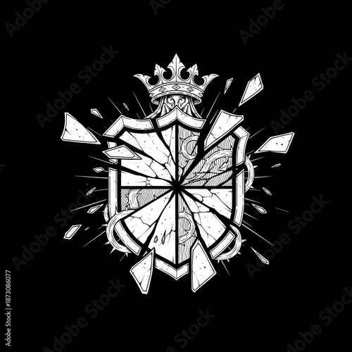 Shattered royal shield with crown and splinters.