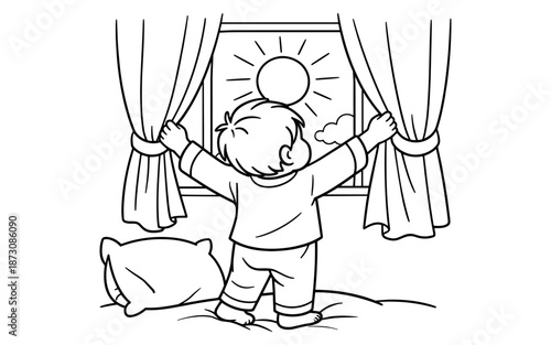 Child in pajamas opens curtains to reveal a bright sunny morning outside the window