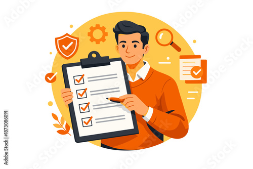 Young asian male reviewing checklist with optimism and efficiency