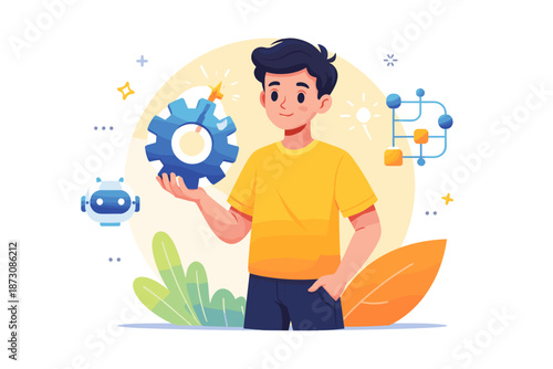 Young caucasian male innovator holding gear with technology icons