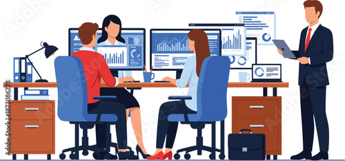 Business Analytics Team Working with Data Dashboards in Office Workspace with Manager Reviewing Reports for Strategy, Performance Analysis, and Corporate Decision Making Flat Vector Illustration