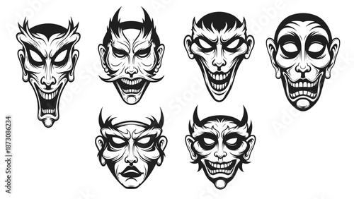 Set of six stylized demon faces with horns and exaggerated features.