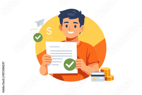 Young asian male showing approved document with financial symbols