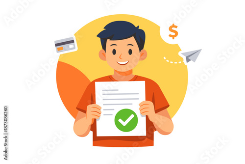 Young asian male holding document with approval checkmark and payment icons
