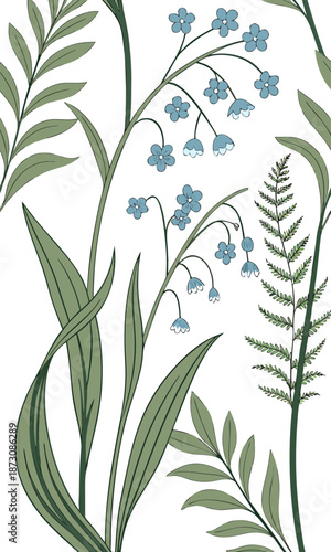 Delicate Floral Pattern with ForgetMeNots and Ferns.