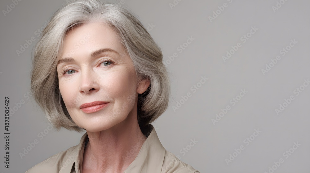 Fototapeta premium Serene portrait of a mature woman radiates calm confidence gentle beauty and timeless grace
