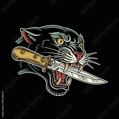 Aggressive Black Panther Biting a Sharp Knife Illustration.