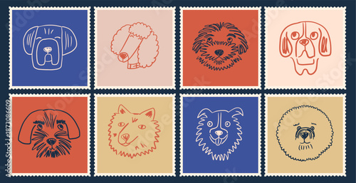 Dog portrait postage stamps set.  Collection hand drawn canine doodle Illustration. Colorful cards with pets. Vector design