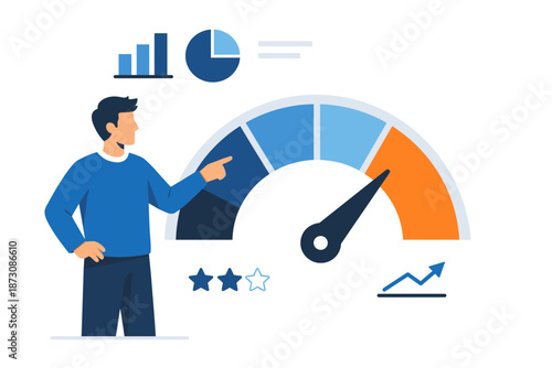 Male analyzing performance metrics with speedometer, charts, and ratings