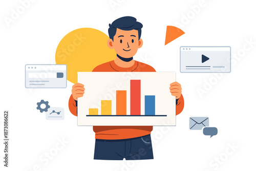 Young caucasian male presenting growth chart analysis in office environment