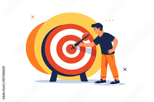 Young caucasian male achieving goal by hitting bullseye on target board