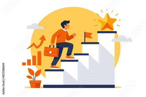 Young asian male climbing career steps towards success