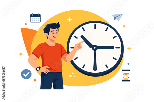 Young asian male pointing at large clock for time management concept