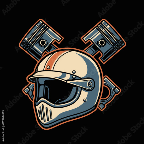 Retro Motorcycle Helmet and Pistons Emblem Design.