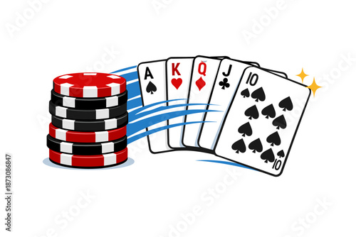 Poker chips and winning hand: ace, king, queen, jack, 10