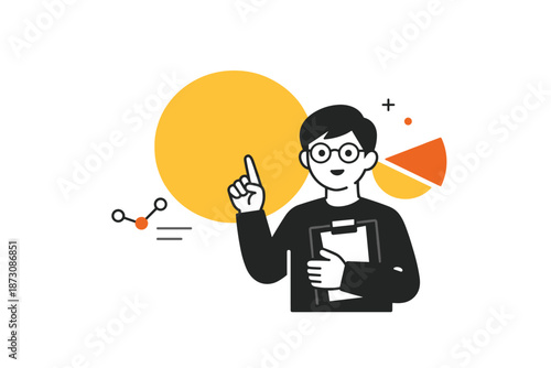 Male asian young adult presenting data with graph and chart background