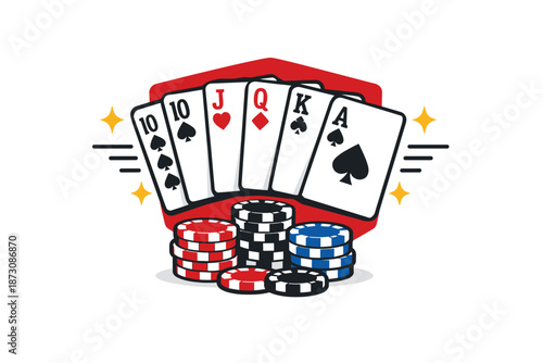 Poker hand with royal flush and colorful casino chips on white background