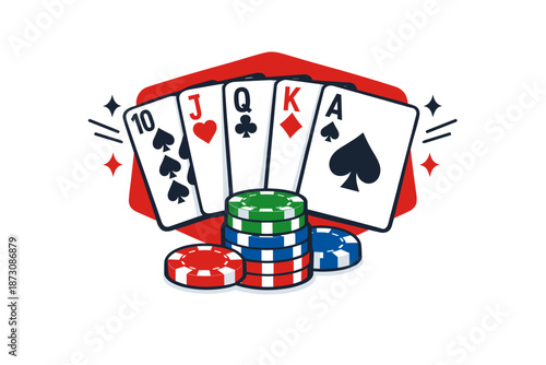 Stack of colorful poker chips and royal flush cards