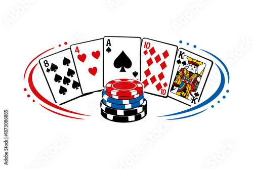 Poker hand with playing cards and poker chips showcasing a winning combination