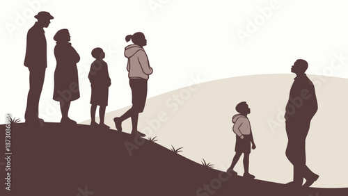 Silhouettes of a diverse group of people standing, of different heights and body types, in a balanced composition.