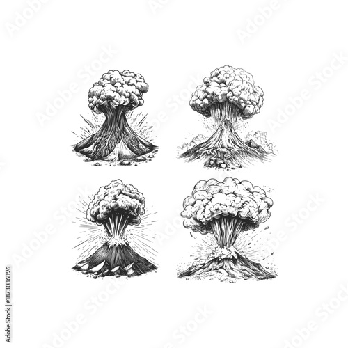 Set of four erupting volcano mountains with smoke and ash vintage hand drawn illustration