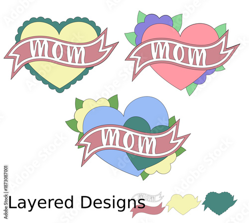 Mothers day gift cards set, Mom Layered heart designs for cutting