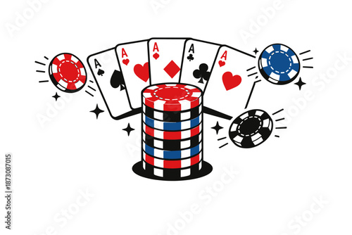 Stacked poker chips and four aces with casino theme icons