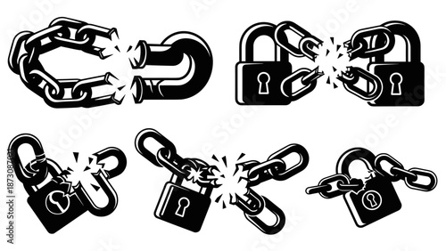 Set of Broken Chains and Padlocks Icons.