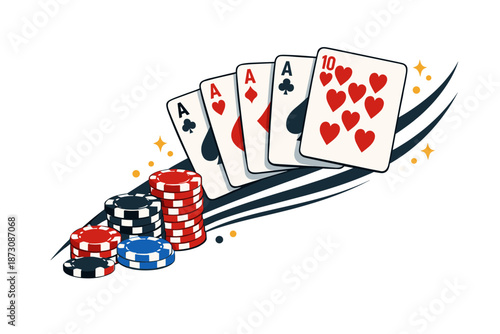 Winning poker hand with chips and four aces