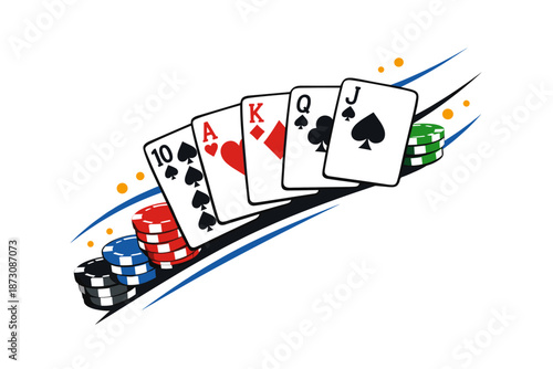 Winning poker hand with royal flush and colorful chips
