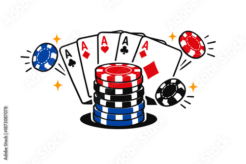 Poker winning hand and stacked chips with four aces and colorful casino chips