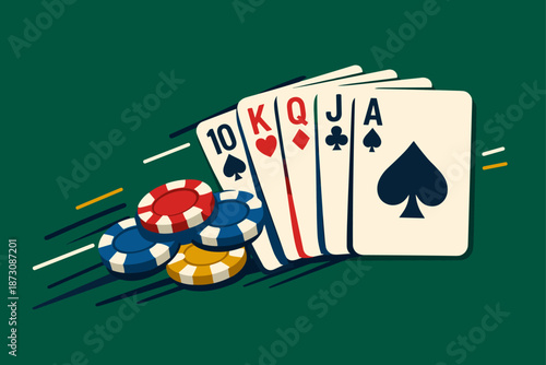 Playing cards and poker chips gambling set on green table