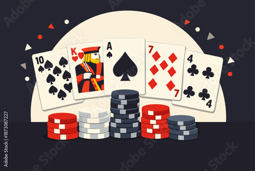 Poker cards and colorful chips on dark table ready for game