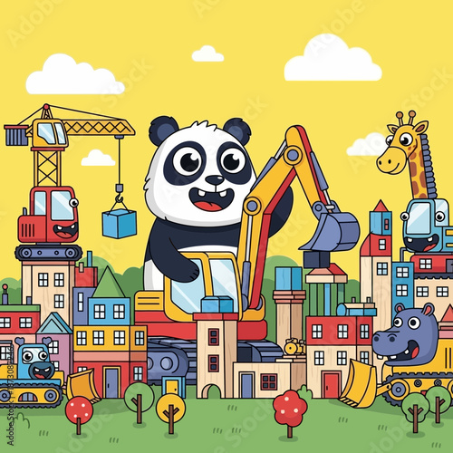 Cute Panda Operates Excavator in Toy City