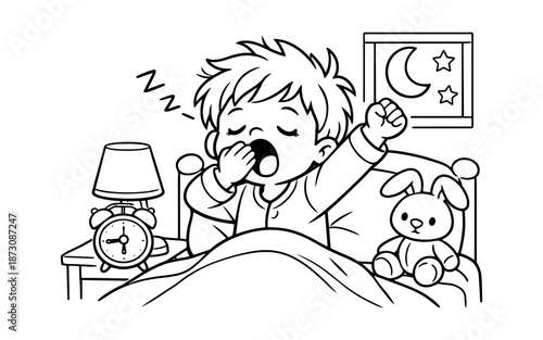 Cute cartoon boy yawning and stretching in bed with a teddy bear and alarm clock